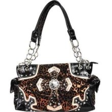 Crystal Bling Cross Glossy Metallic Leopard Pocket Tote Bag Purse Handbag Brown