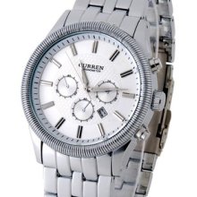 Curren 8058 Men's Boy's White Stainless Steel Analog Watch With Calendar
