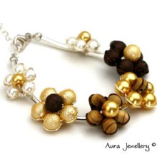 Daisy Flower Bracelet Adjustable Gold Brown Pearls Wood Handmade Pearl Daisy Chain