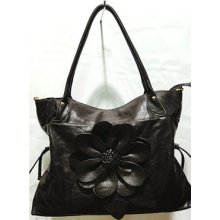 Dark Brown Center Flower Leather Lk Hobo Tote Handbag Bag Size Medium