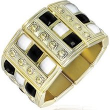 Deco Golden Tone Faceted Black & White Square Rhinestone Stretch Bang