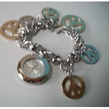 Designer Silver And Gold Finish Peace Sign Charm Watch