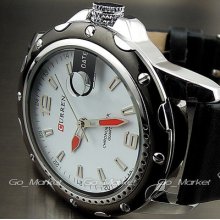 Dial Clock Hours Hand Date Water Black White Leather Men Wrist Watch Wa137
