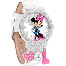 Disney Minnie Mouse Ladies Crystal Pink Bow Charm White Leather Watch MIN031