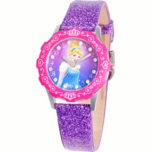 Disney Tween Glitz Cinderella Kids Japanese Quartz Purple Glitter Leather Strap Watch