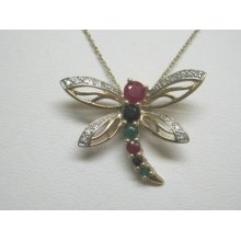 Dragonfly Gold Necklace Diamond, Ruby, Blue Sapphire, Emerald 18 Inch