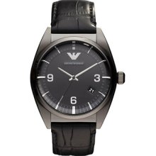 Emporio Armani Ar0368 Men's Classic Black Leather Strap Grey Dial Watch