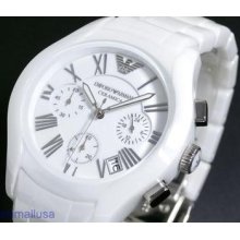 Emporio Armani White Ceramic Women Watch Ar1404 Chronograph Ceramica $545+t