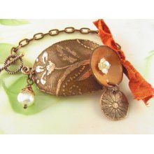 Etched Copper Bracelet Enameled Poppy Fresh Water Pearl Orange/Gold Sari Ribbon