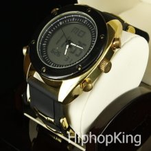 Exclusive Black Gold Finish Case Elegant Hip Hop Watch Bullet Silicone Band