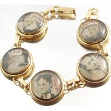 Faces Bracelet Inspirational Tin Type Link Braclet Gold Plate One of a Kind Mixed Media Resin Link Bracelet