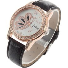 Fashion Butterfly Rhinestone Women Lady Round Wrist Watch Leather Band Ge