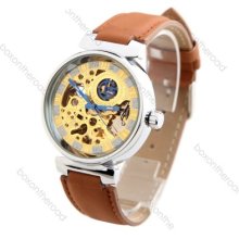 Fashion Men Brown Leather Skeleton Dial Mechanical Wrist Watch Xmas Gift