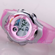 Fashion Pink Led Date Alarm Ladies Girl Waterproof Quartz Sport Wrist Watch