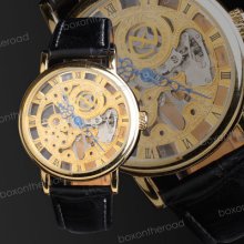 Fashion Roman Men Black Band Golden Dial Skeleton Mechanical Wrist Watch
