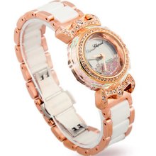 Fashion Women Round Watch Luxury Crystal Ceramic Mirror Rosegold White Black 502