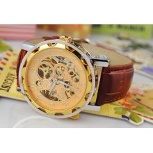 Fashionable Goer Full Golden Mens Automatic Skeleton Watch Deluxe Mechanical A