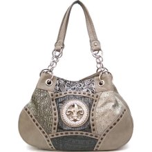 Fleur De Lis Patchwork Handbags Animal Print Rhinestone Purse Grey
