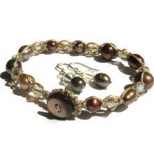Freshwater pearl and Swarovski Crystal Macrame Bracelet and Matching Earring Set