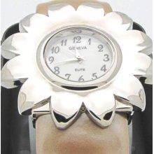 Geneva Ladies Flower Watch Large Numbers Brown Bangle