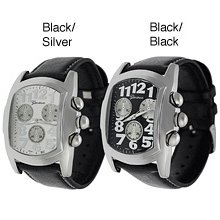 Geneva Men's Black Leather Strap Watch (black on black or black on silver)