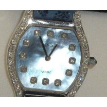 Geneve Solid 14ktwhite Gold Ladies Watch W/m.o.p Dial Diamond Bezel 