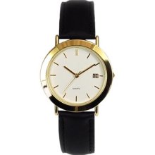 Gents Gold Tone Calendar Black Leather Strap Dress Watch Gowt116