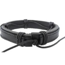 Genuine Black Leather And Cord Accents Adjustable Size Men's Bracelet