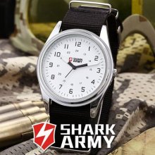 Genuine Shark Army Mens White Dial Black Nylon Sport Quartz Wrist Watch Gift