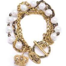 Gold Brass Vtg Queen Royal Crown Charm Pearls Bracelet Bangle By 81stgeneration