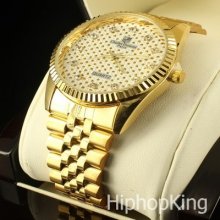 Gold Finish Metal Band Classy Elegant Ladies Watch Lab Simulated Diamonds