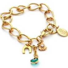 Gold Link Bracelet with Good Luck Charms