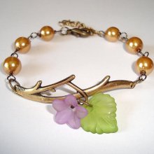 Gold Pearls and Purple Flower Branch Antique Bracelet Branch Bracelet