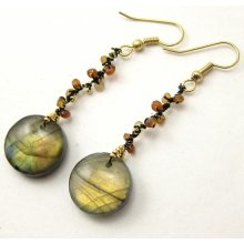 Gold Plated Earrings, Long Dangle Earrings, Brown Beaded Earrings, Brown Labradorite Earrings, Natural Stone, Garnet Beads, Brown Earrings