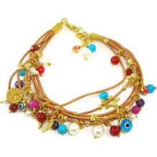 Gold Silver 925 Leather String Evil Eye Charm Bracelet