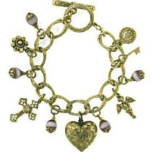Gold Tone Link Charm Bracelet and Charms