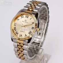 Golden Round Face Roman Numeral Stainless Steel Band Men Watch Stl Q