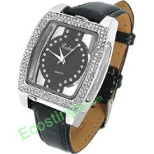 Good Jewelry Quadrangle + Rhinestone Leather Band Watch