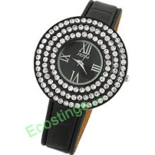 Good Jewelry Round Cap Rhinestone Leather Band Ladies' Watch