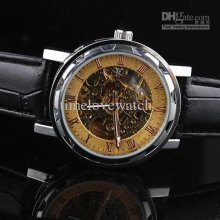 Good Quality Lot Brass-tone Skeleton Dial Men's Mechanical Leather W