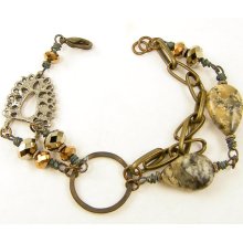 Gray Brown Bracelet - Gemstone Bead Chain Brass Circle Patina Rustic Neutral Tone Asymmetric Jewelry