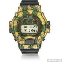 Green and Yellow Tiger Pattern Iced Out G Shock
