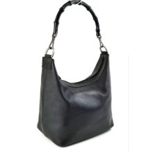 Gucci Black Leather Bamboo Handle Shoulder Bag Hobo Handbag