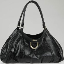 Gucci Black Python Gold D Ring Top Handle Bag