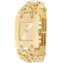 Guess Logo Women's Horn Bezel Case Gold Tone Chain Links Bracelet Watch W11605l2