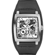 Guess Men Skeleton Black Leather Cuff Watch G10202g With Original Guess Box