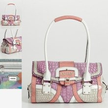 Guess Pink Multi Nura Flap Satchel Handbag Textured Croco Vinyl