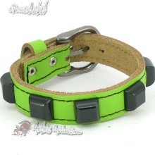 H351 Black Stud Green Leather Gothic Men/women Buckle Wristband / Cuff