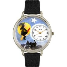 Halloween Flying Witch Black Skin Leather And Silvertone Watch