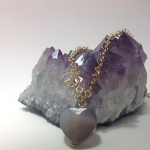 Handmade Wire Wrapped Natural Grey Faceted Heart Agate Gemstone Bead and Peace Sign Charm Cable Chain Gold Necklace